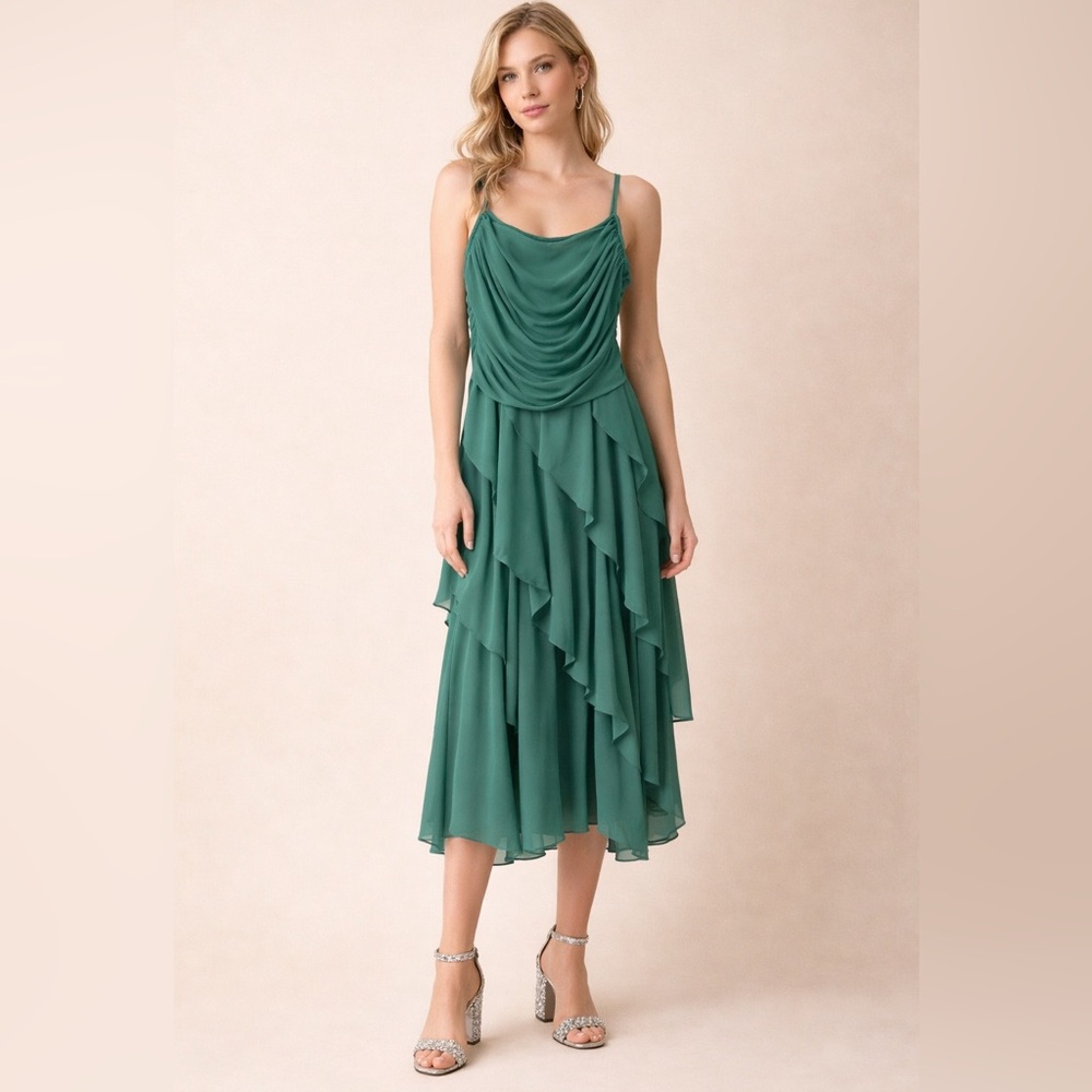 70s Disco Dress New Leaf California Teal Cowl Neck Layered Chiffon Midi